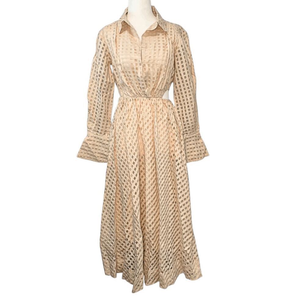 JonathanโSimkhai Allie Cut-Out Windowpane Ivory Midi Shirt Dress Extra Small